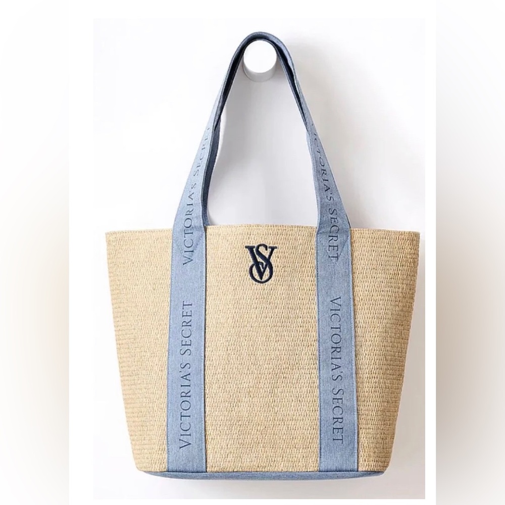 VICTORIA'S SECRET Straw Denim Summertime Logo Beach Tote Bag New